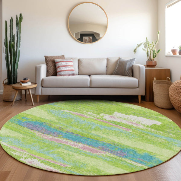 HomeRoots 8' Vibrant Abstract Washable Round Rug in Lime Green, Blue & Pink - UV Protected & Stain Resistant! 675021