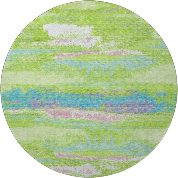 HomeRoots 8' Vibrant Abstract Washable Round Rug in Lime Green, Blue & Pink - UV Protected & Stain Resistant! 675021