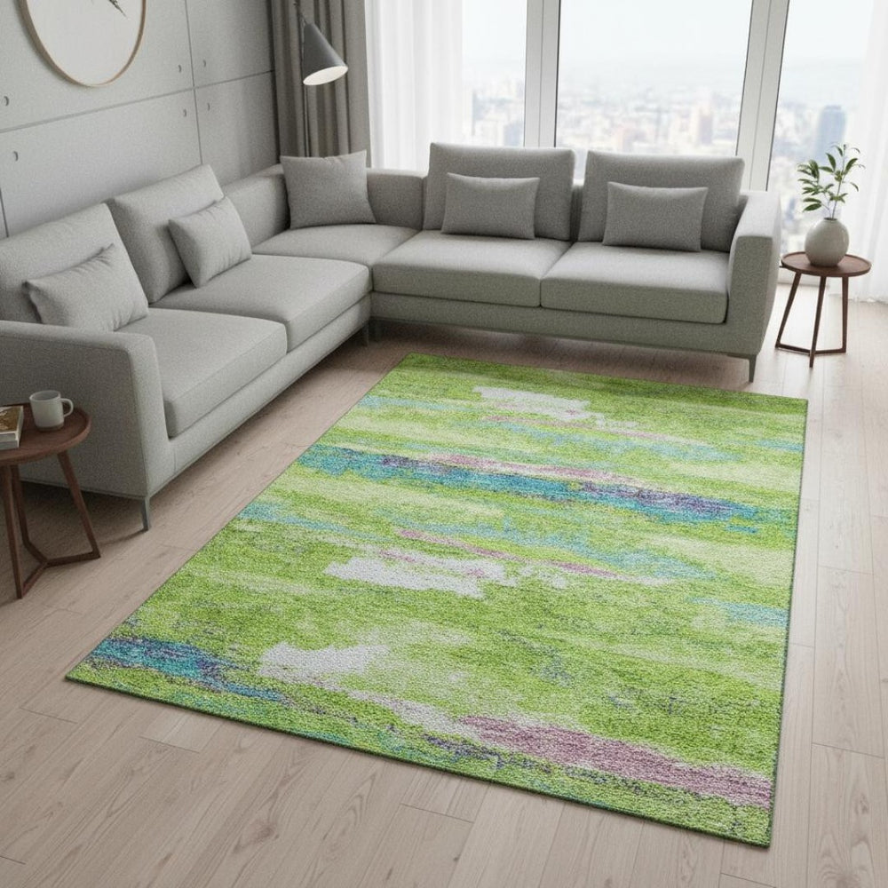 HomeRoots 8' X 10' Vibrant Abstract Washable Area Rug in Lime Green, Blue & Pink - UV Protected, Kid & Pet Friendly 675022