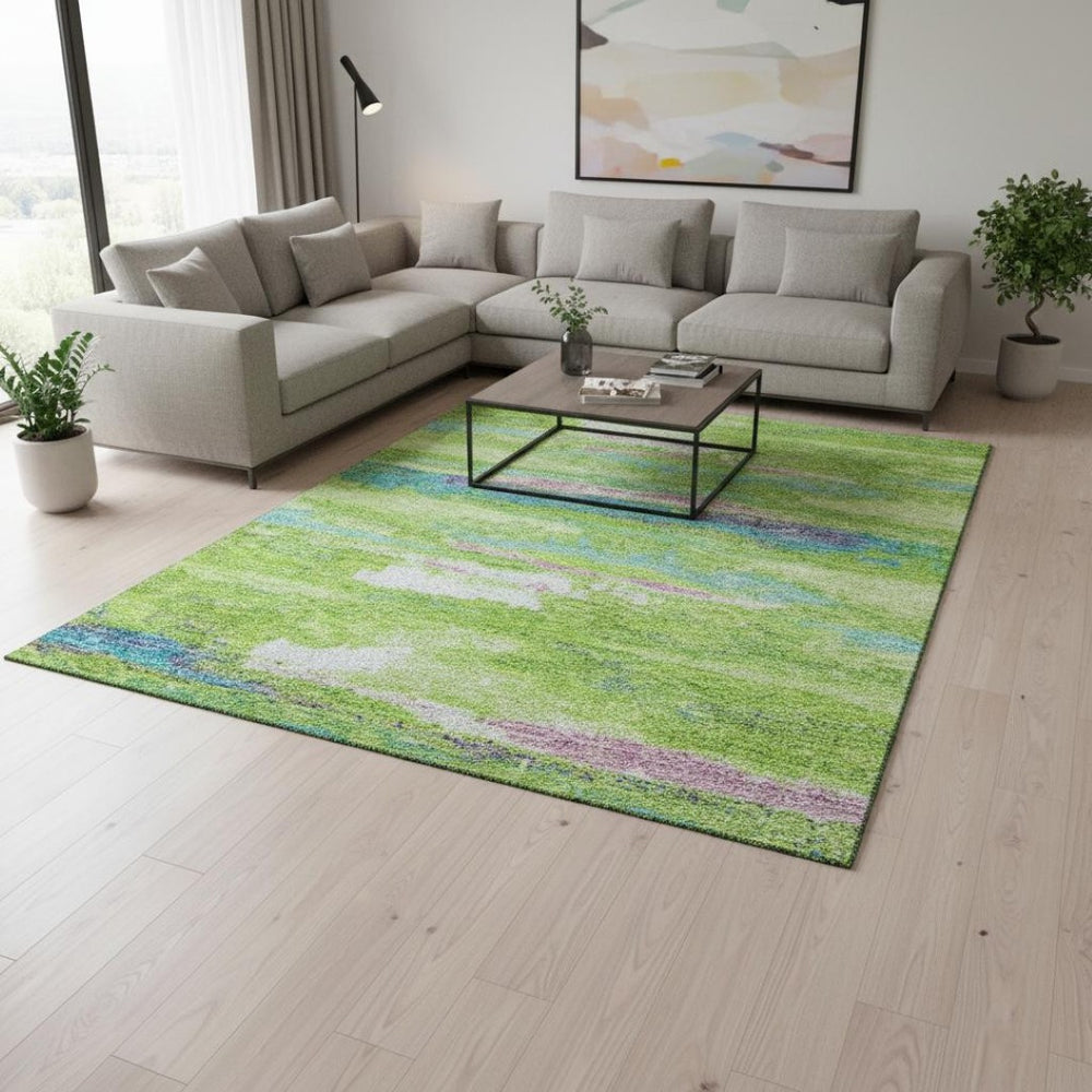 HomeRoots 10' Contemporary Abstract Area Rug in Lime Green, Blue & Pink – Washable, UV-Protected & Durable! 675024