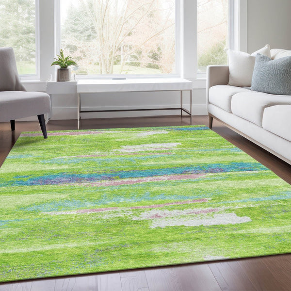 HomeRoots 10' Contemporary Abstract Area Rug in Lime Green, Blue & Pink – Washable, UV-Protected & Durable! 675024