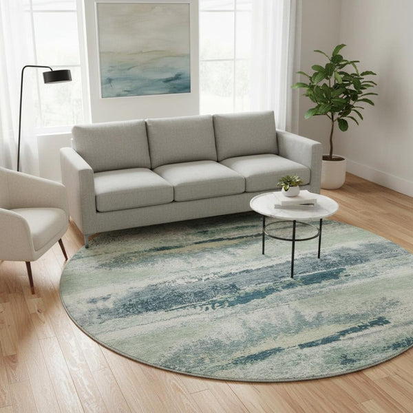 HomeRoots 8' Washable Mint Green, Ivory & Blue Abstract Round Rug with UV Protection for Stylish Comfort 675027