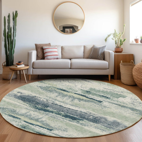 HomeRoots 8' Washable Mint Green, Ivory & Blue Abstract Round Rug with UV Protection for Stylish Comfort 675027