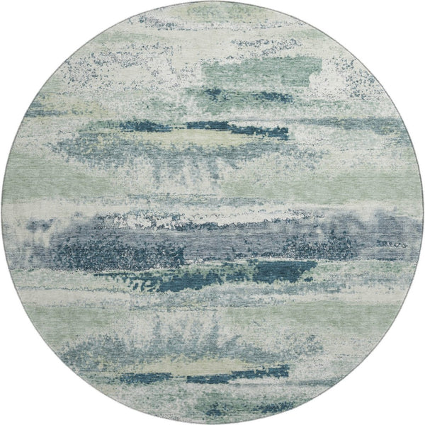 HomeRoots 8' Washable Mint Green, Ivory & Blue Abstract Round Rug with UV Protection for Stylish Comfort 675027