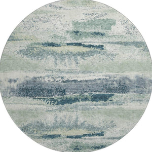 HomeRoots 8' Washable Mint Green, Ivory & Blue Abstract Round Rug with UV Protection for Stylish Comfort 675027