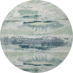 HomeRoots 8' Washable Mint Green, Ivory & Blue Abstract Round Rug with UV Protection for Stylish Comfort 675027