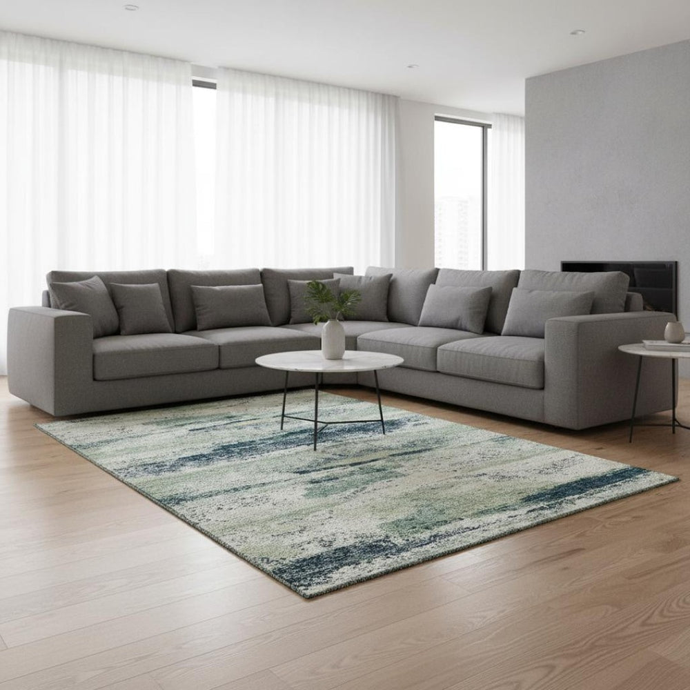HomeRoots 8' X 10' Mint Green, Ivory & Blue Washable Area Rug – Stylish, Durable, UV-Protected for High-Traffic Spaces 675028
