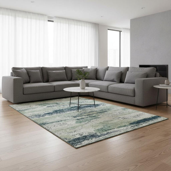 HomeRoots 8' X 10' Mint Green, Ivory & Blue Washable Area Rug – Stylish, Durable, UV-Protected for High-Traffic Spaces 675028
