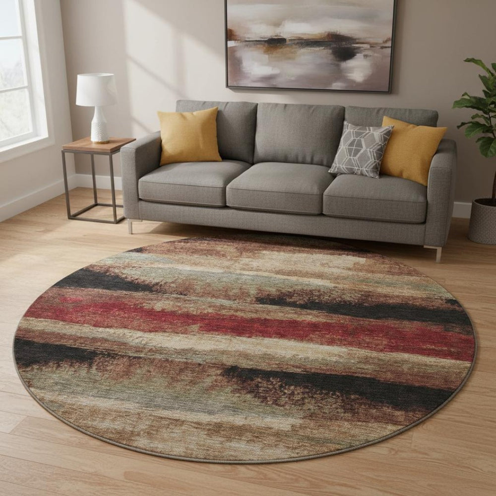 HomeRoots 8' Coffee Burgundy and Beige Abstract Washable Round Rug – UV Protected, Stain Resistant & Stylish! 675033