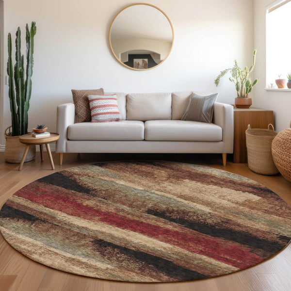 HomeRoots 8' Coffee Burgundy and Beige Abstract Washable Round Rug – UV Protected, Stain Resistant & Stylish! 675033