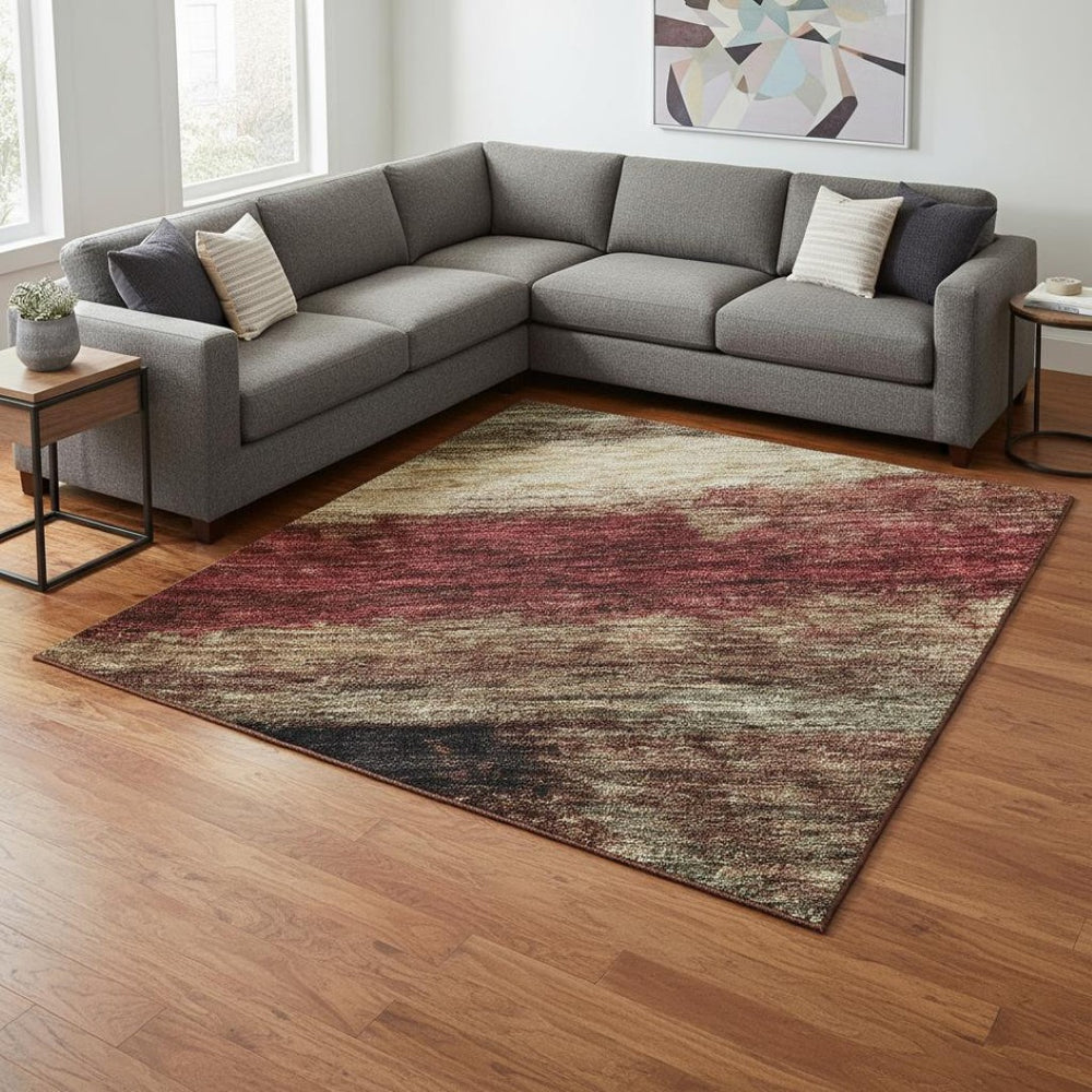 HomeRoots 8' X 10' Stylish Coffee Burgundy and Beige Abstract Washable Area Rug with UV Protection & Durability 675034