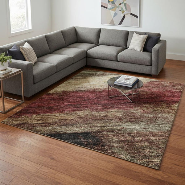 HomeRoots 9' X 12' Abstract Coffee and Burgundy Area Rug - Washable, UV Protected, Durable for Busy Homes 675035