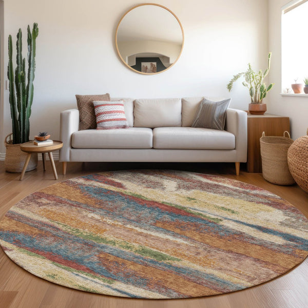 HomeRoots 8' Stylish Rust Green & Gold Abstract Round Rug - Washable, UV-Protected, Perfect for High-Traffic Areas 675039