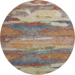 HomeRoots 8' Stylish Rust Green & Gold Abstract Round Rug - Washable, UV-Protected, Perfect for High-Traffic Areas 675039