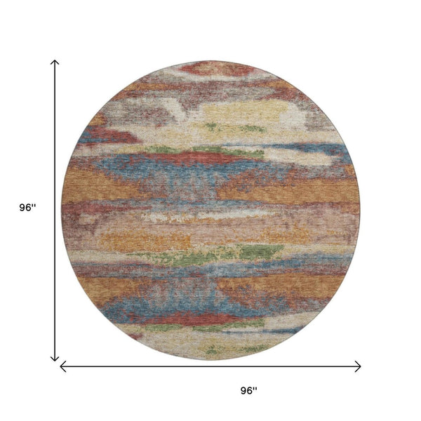HomeRoots 8' Stylish Rust Green & Gold Abstract Round Rug - Washable, UV-Protected, Perfect for High-Traffic Areas 675039