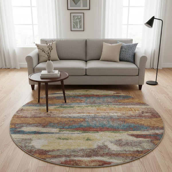 HomeRoots 8' Stylish Rust Green & Gold Abstract Round Rug - Washable, UV-Protected, Perfect for High-Traffic Areas 675039