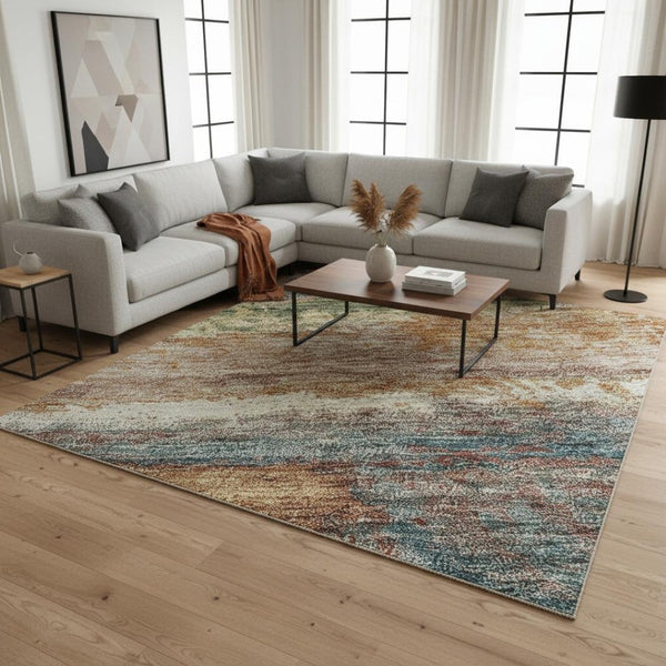 HomeRoots 8' X 10' Stylish Rust Green & Gold Abstract Area Rug – Washable, Stain-Resistant, UV Protected Design 675040