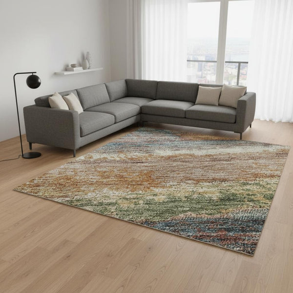 HomeRoots 9' X 12' Modern Rust Green and Gold Abstract Washable Area Rug with UV Protection for High-Traffic Areas 675041