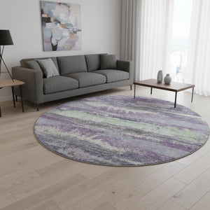 HomeRoots 8' Purple and Ivory Modern Abstract Washable Round Rug - Durable, Stain Resistant, UV Protected Design 675045