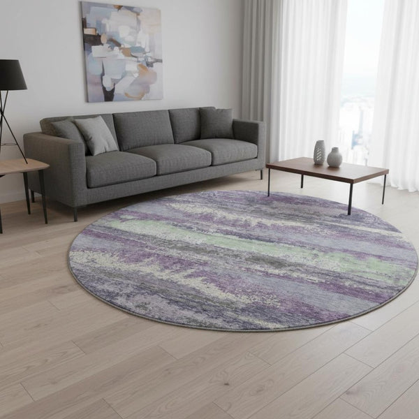 HomeRoots 8' Purple and Ivory Modern Abstract Washable Round Rug - Durable, Stain Resistant, UV Protected Design 675045
