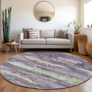 HomeRoots 8' Purple and Ivory Modern Abstract Washable Round Rug - Durable, Stain Resistant, UV Protected Design 675045