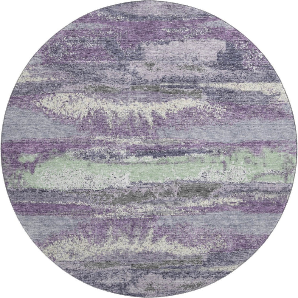 HomeRoots 8' Purple and Ivory Modern Abstract Washable Round Rug - Durable, Stain Resistant, UV Protected Design 675045