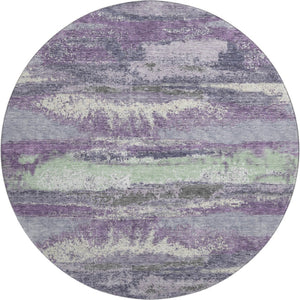 HomeRoots 8' Purple and Ivory Modern Abstract Washable Round Rug - Durable, Stain Resistant, UV Protected Design 675045