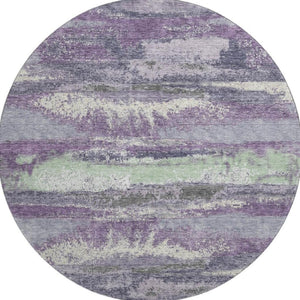 HomeRoots 8' Purple and Ivory Modern Abstract Washable Round Rug - Durable, Stain Resistant, UV Protected Design 675045