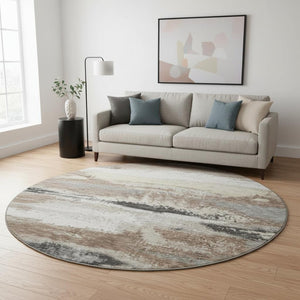HomeRoots 8' Taupe Beige & Brown Abstract Round Rug - Washable, UV Protected, Stain Resistant for Modern Homes 675051
