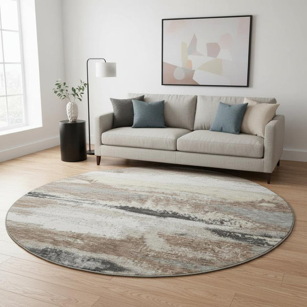 HomeRoots 8' Taupe Beige & Brown Abstract Round Rug - Washable, UV Protected, Stain Resistant for Modern Homes 675051