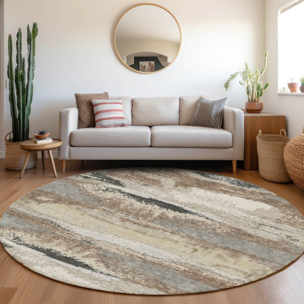 HomeRoots 8' Taupe Beige & Brown Abstract Round Rug - Washable, UV Protected, Stain Resistant for Modern Homes 675051