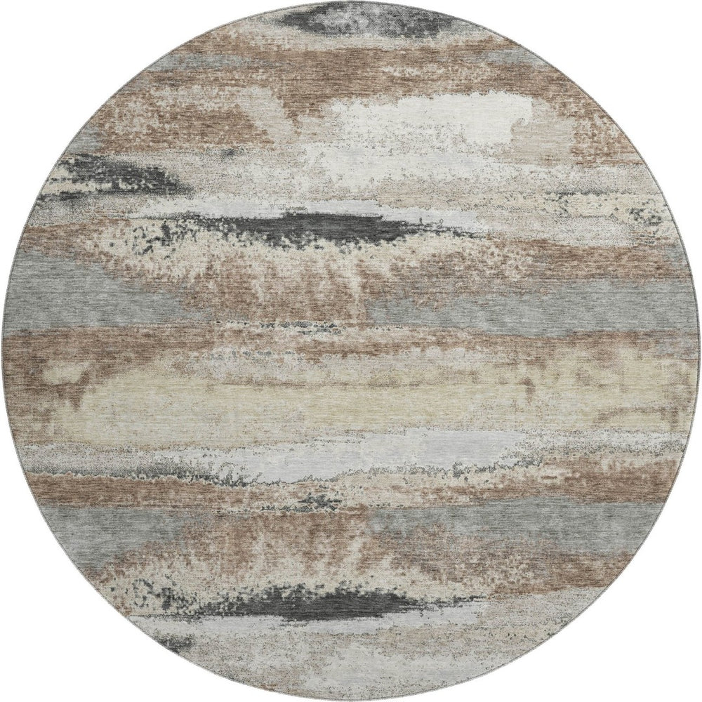 HomeRoots 8' Taupe Beige & Brown Abstract Round Rug - Washable, UV Protected, Stain Resistant for Modern Homes 675051