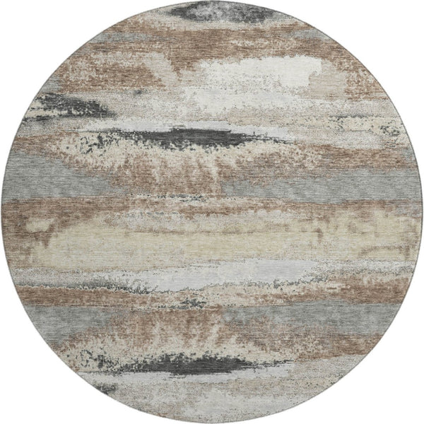 HomeRoots 8' Taupe Beige & Brown Abstract Round Rug - Washable, UV Protected, Stain Resistant for Modern Homes 675051