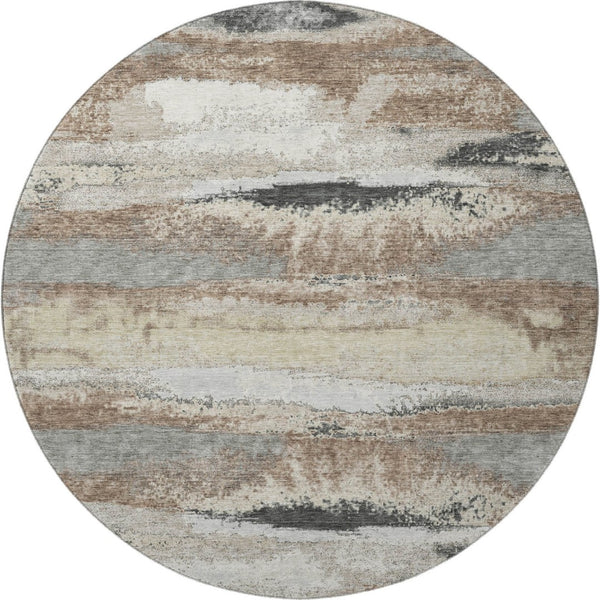 HomeRoots 8' Taupe Beige & Brown Abstract Round Rug - Washable, UV Protected, Stain Resistant for Modern Homes 675051