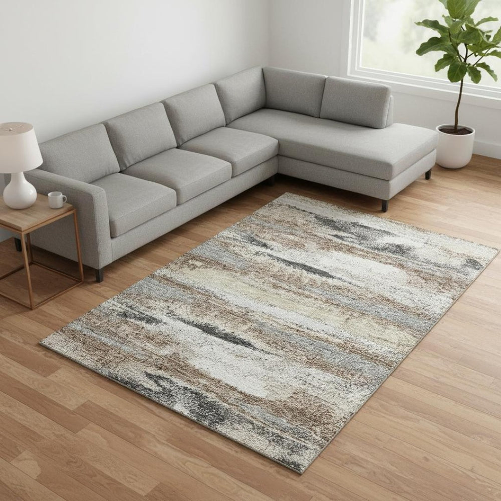 HomeRoots 8' X 10' Stylish Taupe Beige & Brown Abstract Washable Area Rug with UV Protection for Homes 675052