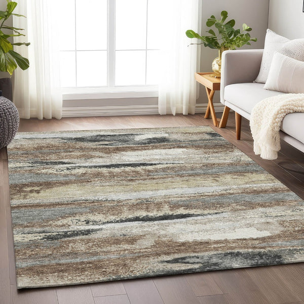 HomeRoots 8' X 10' Stylish Taupe Beige & Brown Abstract Washable Area Rug with UV Protection for Homes 675052