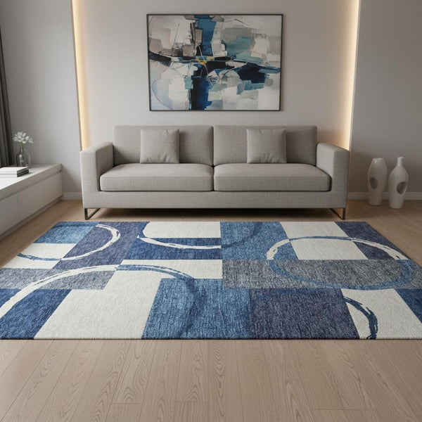 HomeRoots 5' X 8' Blue and Ivory Geometric Area Rug - Durable, Washable, UV-Protected for Indoor & Outdoor Use 675056