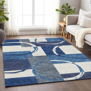 HomeRoots 5' X 8' Blue and Ivory Geometric Area Rug - Durable, Washable, UV-Protected for Indoor & Outdoor Use 675056
