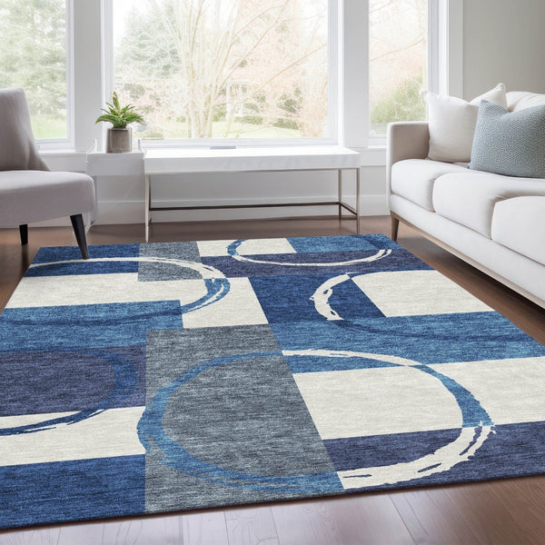 HomeRoots 5' X 8' Blue and Ivory Geometric Area Rug - Durable, Washable, UV-Protected for Indoor & Outdoor Use 675056