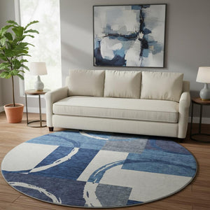 HomeRoots 8' Stylish Blue and Ivory Geometric Washable Round Rug with UV Protection for Family Spaces 675057