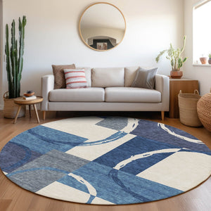 HomeRoots 8' Stylish Blue and Ivory Geometric Washable Round Rug with UV Protection for Family Spaces 675057
