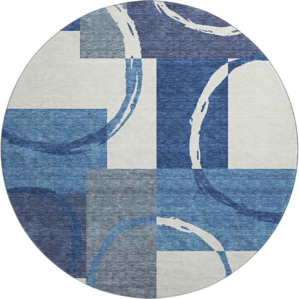 HomeRoots 8' Stylish Blue and Ivory Geometric Washable Round Rug with UV Protection for Family Spaces 675057