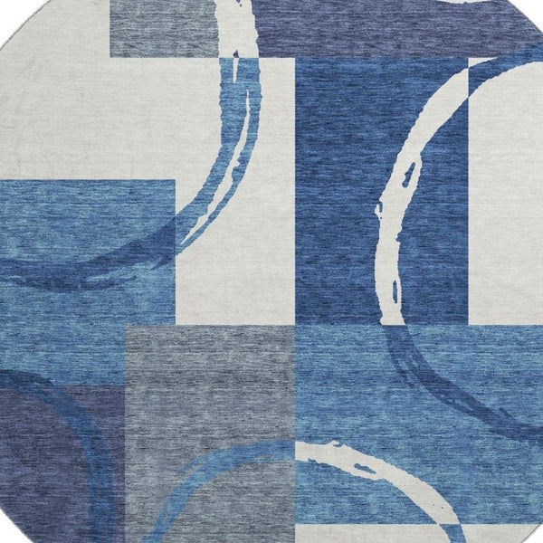 HomeRoots 8' Stylish Blue and Ivory Geometric Washable Round Rug with UV Protection for Family Spaces 675057