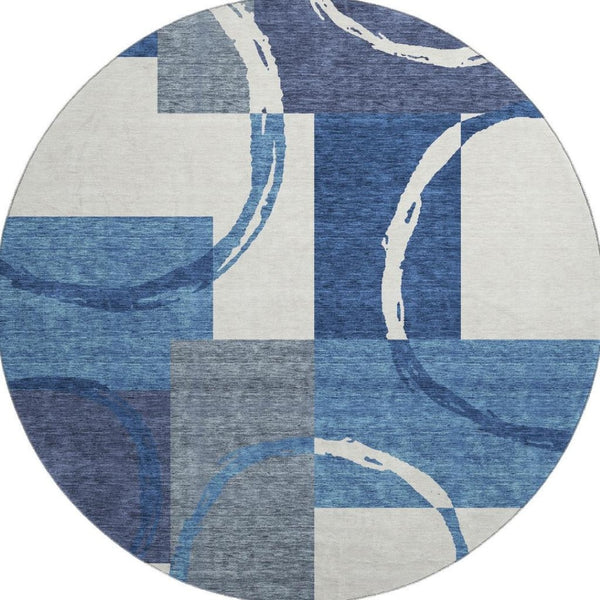 HomeRoots 8' Stylish Blue and Ivory Geometric Washable Round Rug with UV Protection for Family Spaces 675057