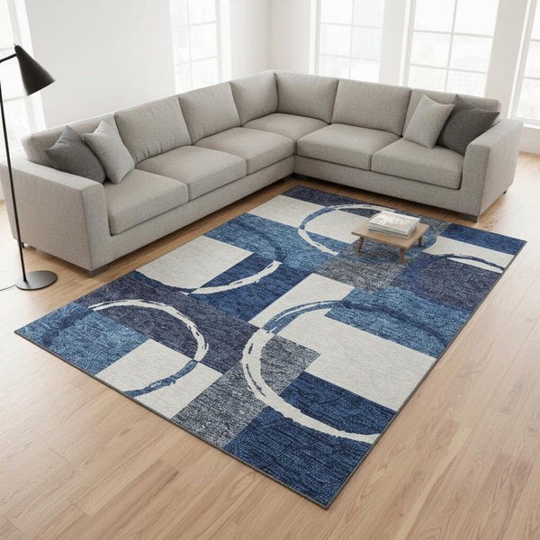 HomeRoots 8' X 10' Blue And Ivory Geometric Area Rug - Washable, UV Protected, Stain-Resistant for Modern Decor 675058