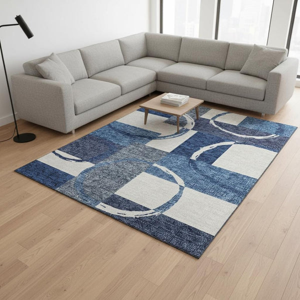 HomeRoots 9' X 12' Blue & Ivory Geometric Area Rug – Washable, Stain-Resistant, UV Protected for Family Homes 675059