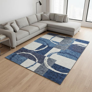 HomeRoots 10' X 14' Blue and Ivory Geometric Area Rug - Washable, UV Protected, Perfect for Modern Living Spaces 675060