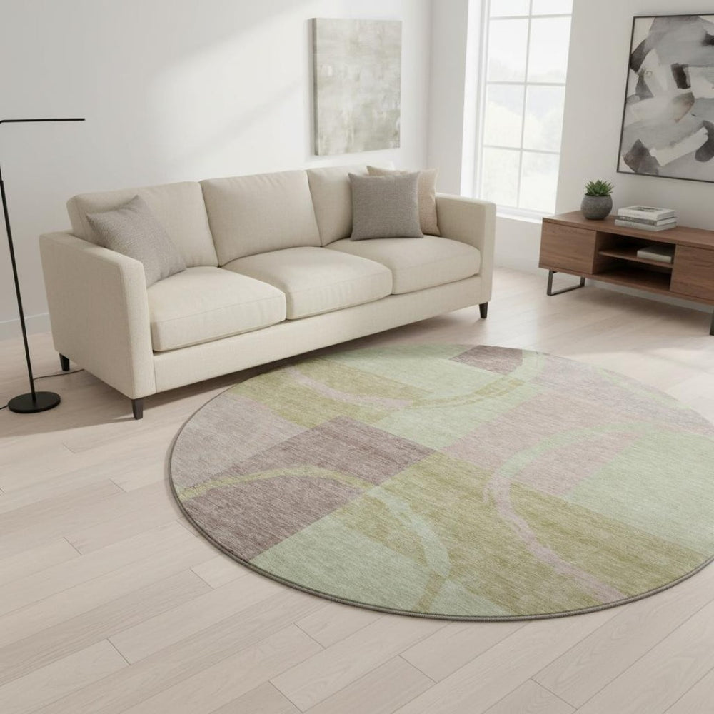 HomeRoots 8' Contemporary Blush Mint Green & Lilac Geometric Round Rug - Washable, UV Resistant, Stylish Comfort 675063