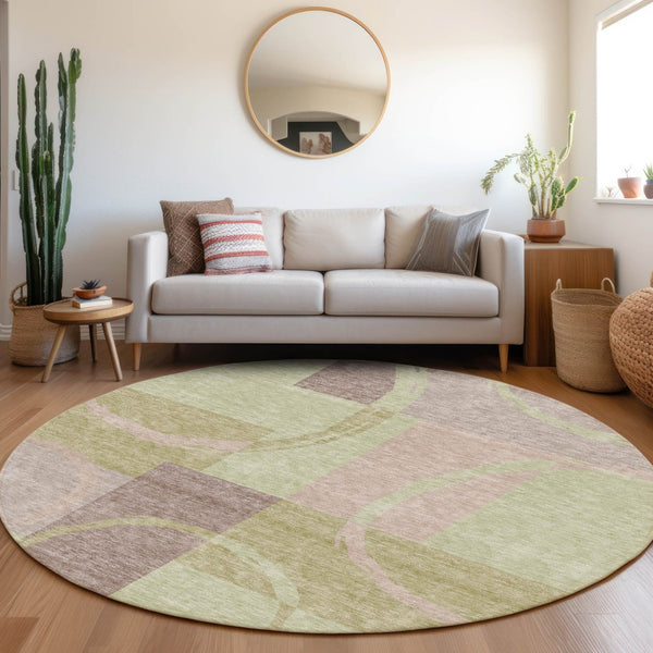 HomeRoots 8' Contemporary Blush Mint Green & Lilac Geometric Round Rug - Washable, UV Resistant, Stylish Comfort 675063
