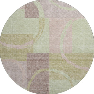 HomeRoots 8' Contemporary Blush Mint Green & Lilac Geometric Round Rug - Washable, UV Resistant, Stylish Comfort 675063